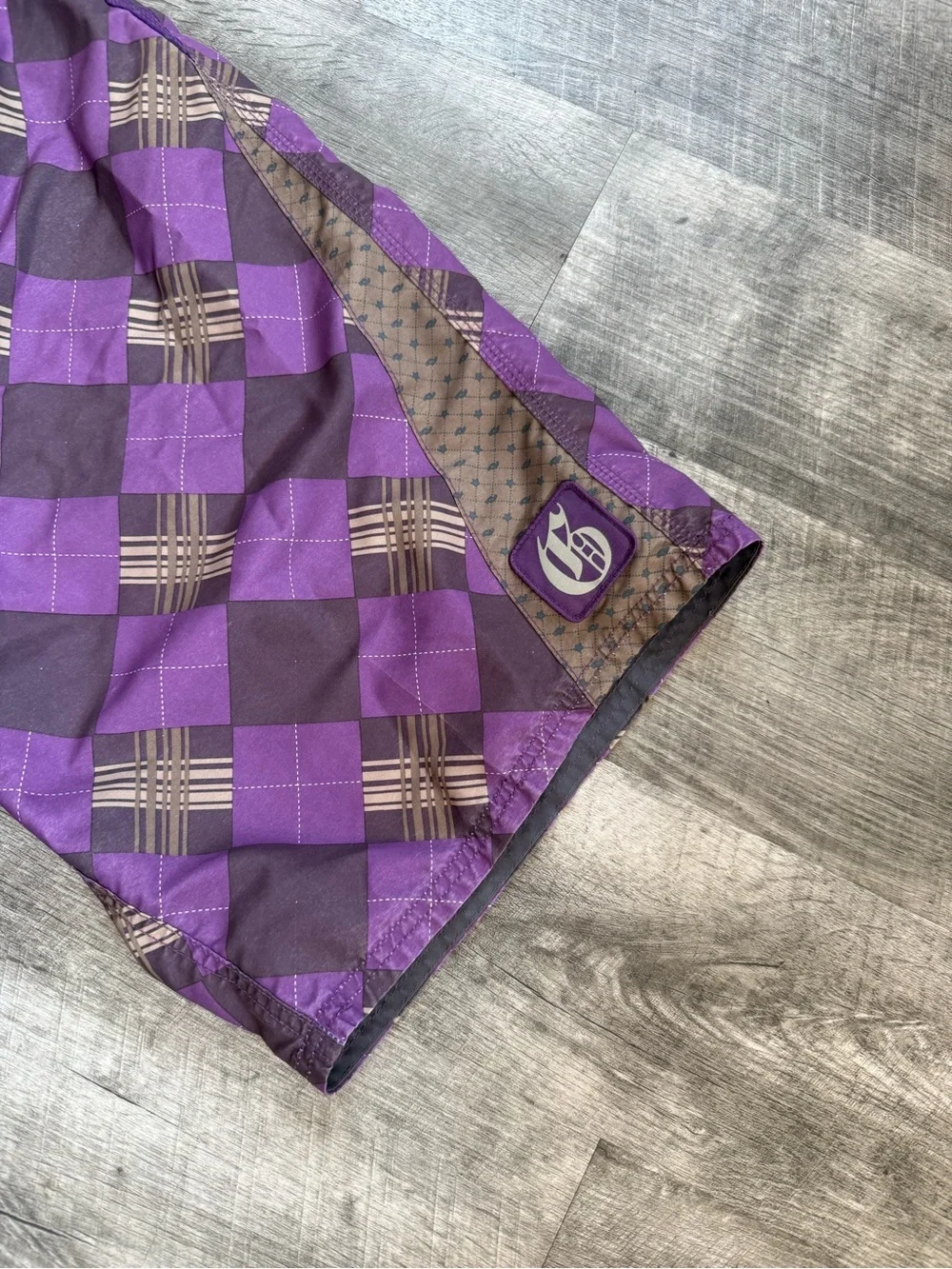 Purple Checkered Men’s Board Shorts with Side Panels